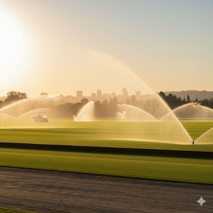 Polo field surface under irrigation